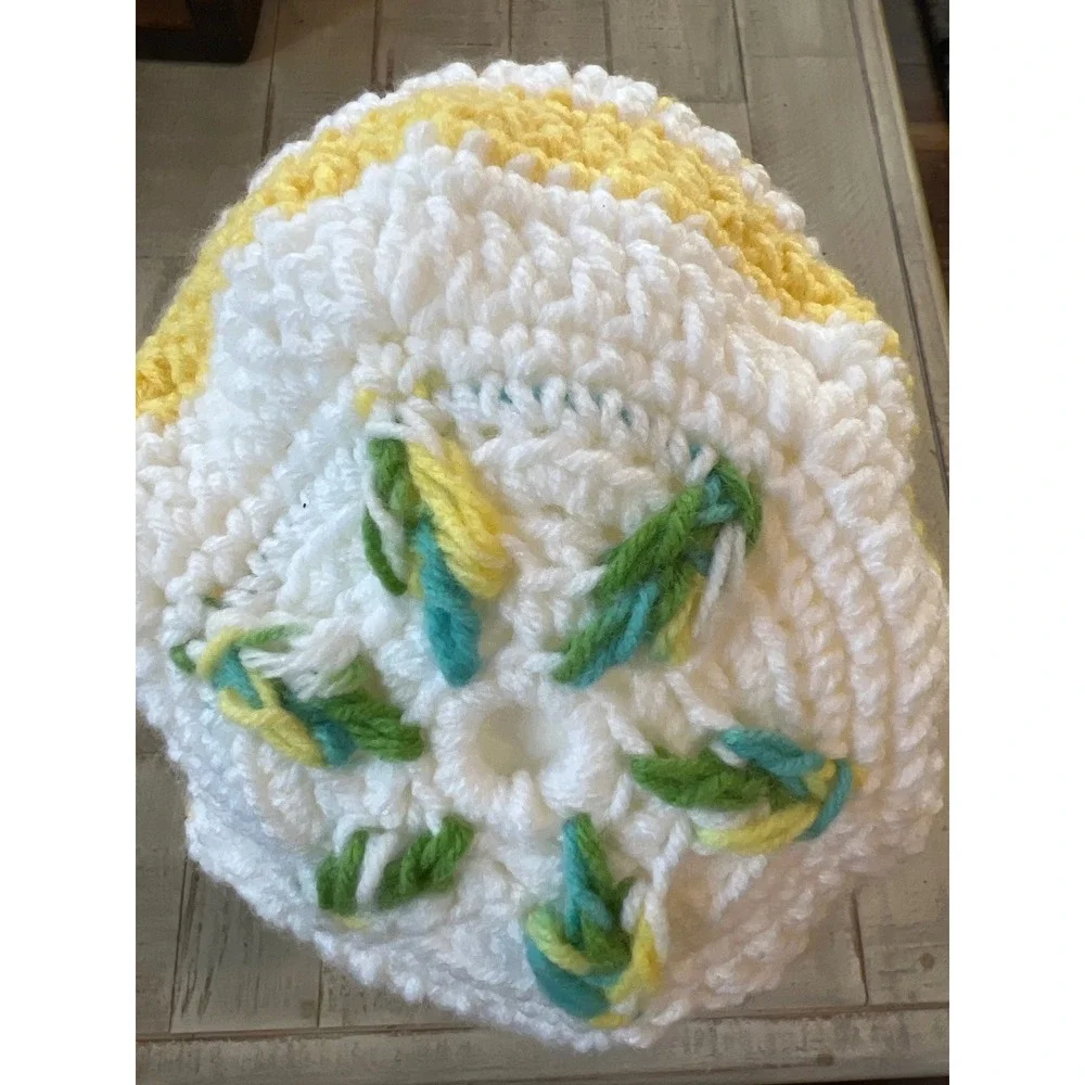 Handmade Crochet Striped‎ Beanie Yellow White Floral Accent Winter Hat Womens